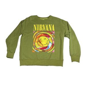 Nirvana Smile Overdyed Crew Neck Sweatshirt Green Size S 90s Vibes Active Casual
